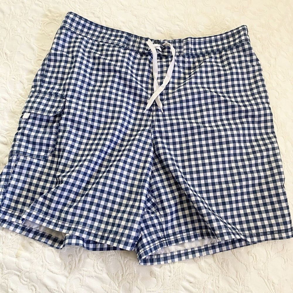 Kanu Surf Men's 3xl Blue‎ Gingham Check Print Swim Trunks Hook Loop Drawstring